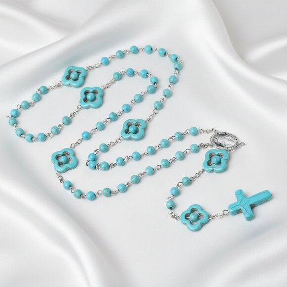 Turquoise Catholic Rosary Cross Religious Praying Fashion Necklace NWOT - Picture 9 of 10
